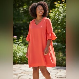 Vibrant Nectarine Dress with Flowy Sleeves